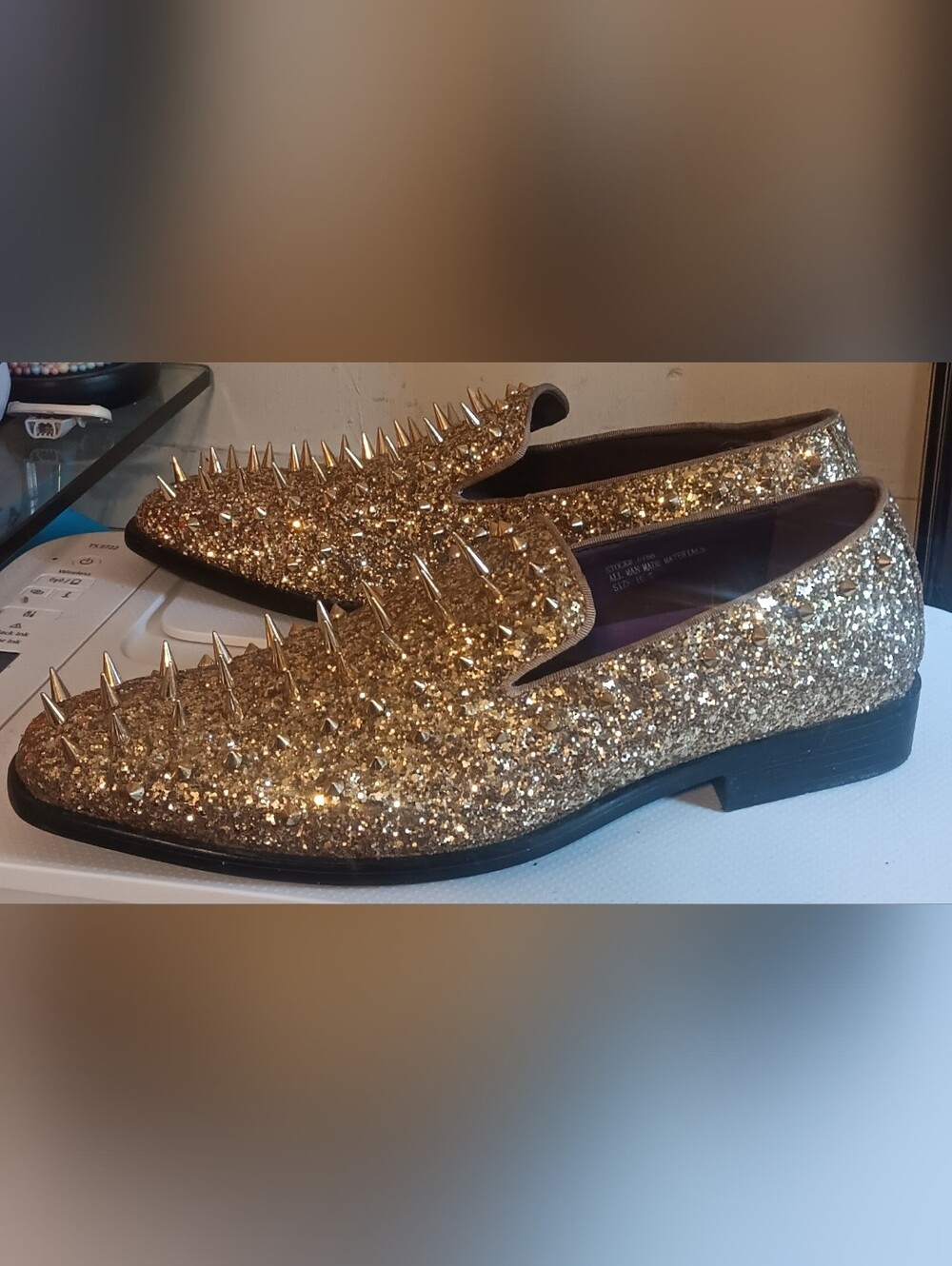 After Midnight Gold Glitter Spike Embellished Loafers Size 11